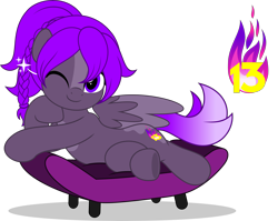 Size: 6297x5000 | Tagged: safe, artist:jhayarr23, derpibooru import, oc, oc only, pegasus, pony, blaze (coat marking), braid, coat markings, commission, commissioner:solar aura, cutie mark, facial markings, female, one eye closed, pegasus oc, ponytail, simple background, sofa, solo, spots, transparent background, unnamed oc, wink, your character here