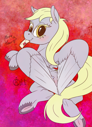 Size: 945x1300 | Tagged: safe, artist:sepiakeys, derpibooru import, derpy hooves, pegasus, pony, g4, female, heart wings, letter, looking at you, looking back, looking back at you, mare, mouth hold, solo, underhoof