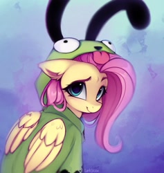 Size: 1364x1436 | Tagged: safe, artist:lerkfruitbat, derpibooru import, fluttershy, pegasus, pony, g4, antonymph, clothes, cute, ear fluff, ears, female, fluttgirshy, folded wings, gir, gradient background, hoodie, invader zim, looking at you, mare, shyabetes, signature, smiling, smiling at you, solo, vylet pony, wings