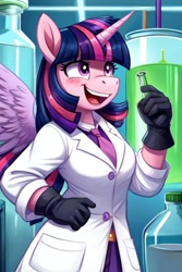 Size: 692x1037 | Tagged: safe, ai content, derpibooru import, generator:stable diffusion, machine learning generated, twilight sparkle, twilight sparkle (alicorn), alicorn, anthro, g4, chemistry, clothes, lab coat, prompter:chillyhooves