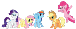 Size: 3742x1449 | Tagged: safe, artist:sleepymoss, derpibooru import, applejack, fluttershy, pinkie pie, rainbow dash, rarity, earth pony, pegasus, pony, unicorn, g4, ^^, eyes closed, female, mare, open mouth, raised hoof, raised leg, remane five, simple background, spread wings, transparent background, wings