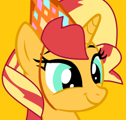 Size: 816x772 | Tagged: safe, artist:jadeharmony, derpibooru import, sunset shimmer, pony, unicorn, g4, birthday, happy, hat, party hat, rebecca shoichet, smiling, solo