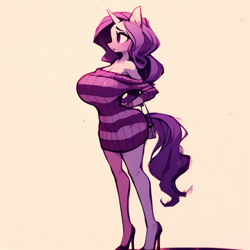 Size: 1024x1024 | Tagged: safe, ai content, derpibooru import, machine learning generated, rarity, anthro, plantigrade anthro, unicorn, g4, adorasexy, big breasts, blushing, breasts, butt, clothes, curvy, cute, female, frown, hands behind back, high heels, hourglass figure, huge breasts, large butt, prompter:horselover fat, pullover, purse, raritits, sexy, shoes, side view, sideboob, simple background, solo, standing, stripes, stupid sexy rarity, sweater, sweater dress, sweater puppies, white background, wide hips