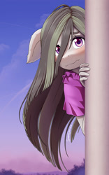 Size: 1250x2000 | Tagged: safe, artist:symbianl, derpibooru import, marble pie, anthro, earth pony, g4, blushing, clothes, cute, ears, female, floppy ears, hair over one eye, looking at you, marblebetes, mare, peeking, shy, solo, wavy mouth