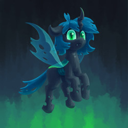 Size: 1250x1250 | Tagged: safe, artist:impamy, derpibooru import, oc, oc:anon filly, oc:changeling filly anon, changeling, changeling queen, nymph, changeling oc, changeling queen oc, cute, cute little fangs, fangs, female, filly, foal, full body, glowing, glowing eyes, green eyes, horn, insect wings, solo, wings