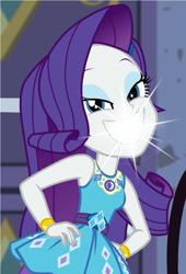 Size: 750x1100 | Tagged: safe, derpibooru import, edit, edited screencap, screencap, rarity, human, better together, equestria girls, g4, street chic, clothes, eyeshadow, female, geode of shielding, hand on hip, magical geodes, makeup, rarity peplum dress, smiling, solo, sparkly teeth, teeth