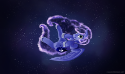 Size: 3760x2238 | Tagged: safe, artist:calebpedigo, derpibooru import, princess luna, alicorn, pony, g4, female, floating, high res, looking at you, mare, smiling, smiling at you, solo, space