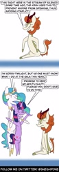 Size: 1000x2900 | Tagged: safe, artist:sneshpone, derpibooru import, autumn blaze, princess celestia, twilight sparkle, twilight sparkle (alicorn), alicorn, kirin, pony, g4, bipedal, comic, confused, dialogue, female, frown, mare, noodle incident, open mouth, open smile, pleading, simple background, sitting, smiling, speech bubble, stream of silence, this will end in silence, trio, trio female, white background