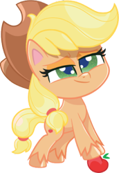 Size: 224x326 | Tagged: safe, derpibooru import, applejack, earth pony, g4.5, my little pony: pony life, 2d, apple, chibi, confident, cowboy hat, food, hat, official, simple background, smiling, solo, standing, transparent background