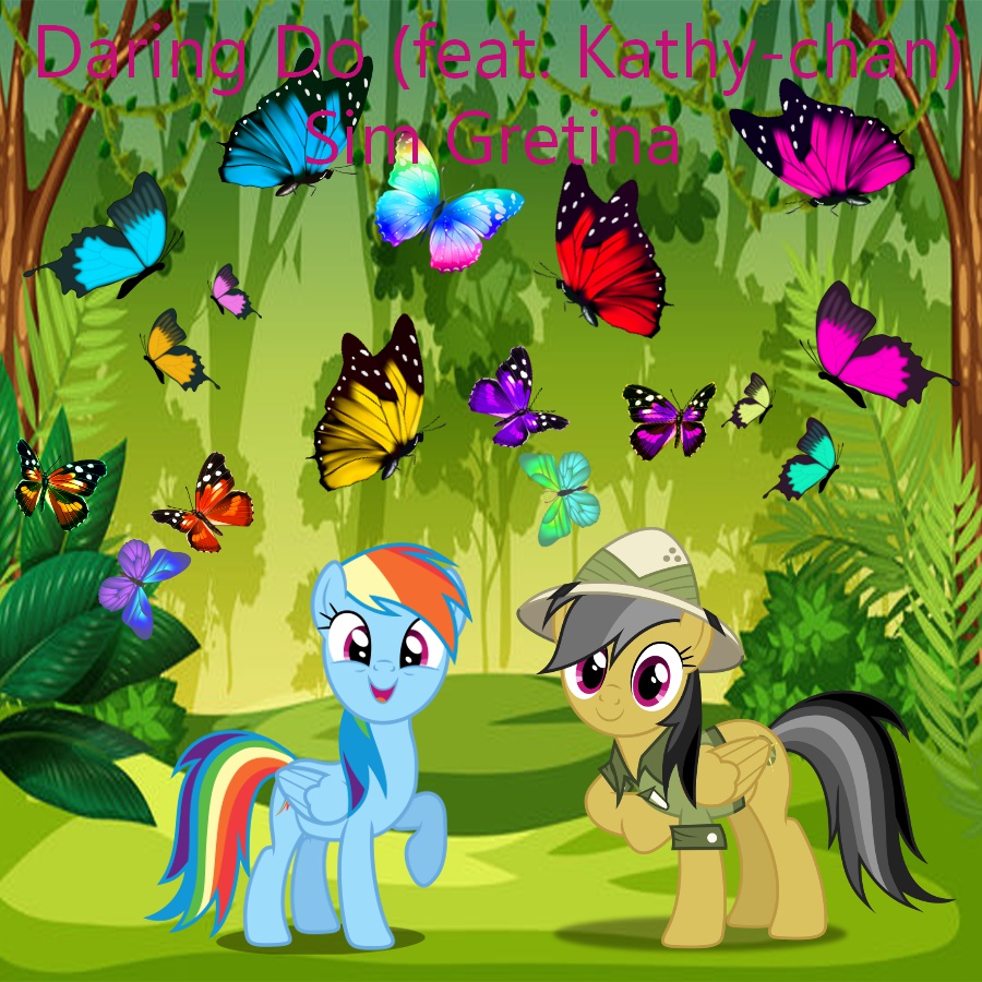 3538351 - safe, artist:aaliyah_rosado, artist:dashiesparkle, artist:sim  gretina, artist:user15432, derpibooru import, daring do, rainbow dash,  butterfly, insect, pegasus, pony, g4, album, album cover, bush, clothes,  cute, daring do (feat. kathy-chan ...