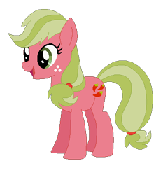 Size: 422x439 | Tagged: safe, artist:selenaede, artist:user15432, derpibooru import, pepperdance, earth pony, pony, g4, base used, freckles, generation leap, green hair, green mane, green tail, open mouth, open smile, recolor, red coat, simple background, smiling, solo, tail, transparent background