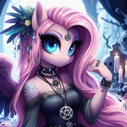 Size: 1024x1024 | Tagged: safe, ai content, machine learning generated, fluttershy, anthro, pegasus, black dress, candle, clothes, dall·e mini, dress, female, flower, flower in hair, goth, jewelry, looking at you, mare, necklace, night, pentacle, pentagram, solo, wicca, witch