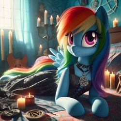 Size: 1024x1024 | Tagged: safe, ai content, machine learning generated, rainbow dash, pegasus, pony, black dress, candle, clothes, dall·e mini, dress, female, goth, indoors, lying down, mare, pentagram, prone, room, solo