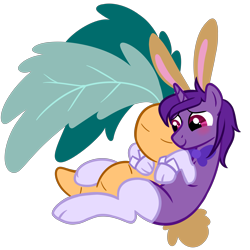 Size: 5000x5000 | Tagged: safe, artist:wtfponytime, derpibooru import, oc, oc only, oc:purple mist, pony, unicorn, animal costume, blushing, bowtie, bunny costume, bunny ears, bunny tail, clothes, costume, cuddling, cuffs (clothes), looking away, male, plushie, shy, simple background, socks, solo, stallion, tail, transparent background