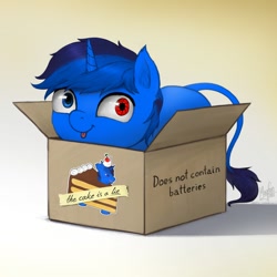 Size: 1200x1200 | Tagged: safe, artist:magfen, derpibooru import, oc, oc only, oc:bluethecake, cyborg, pony, unicorn, :p, box, commission, cute, cyborg pony, gradient background, heterochromia, if i fits i sits, pony in a box, solo, tongue, tongue out, ych result