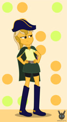 Size: 778x1418 | Tagged: safe, artist:wheatley r.h., derpibooru exclusive, derpibooru import, oc, oc only, oc:captain price, equestria girls, belt, boots, cape, captain hat, clothes, equestria girls-ified, female, hand on hip, shoes, shorts, shorts under skirt, simple background, skirt, solo, watermark, wooden sword