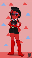 Size: 778x1418 | Tagged: safe, artist:wheatley r.h., derpibooru exclusive, derpibooru import, oc, oc only, oc:red widow, human, equestria girls, beret, book, boots, clothes, equestria girls-ified, eyeshadow, female, gem, glasses, gloves, hat, jewelry, makeup, necklace, purple eyeshadow, shoes, simple background, solo, spellbook, vector, watermark