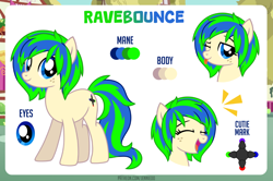 Size: 1100x732 | Tagged: safe, artist:jennieoo, derpibooru import, oc, oc:ravebounce, earth pony, pony, bust, commission, freckles, full body, happy, laughing, looking at you, one eye closed, portrait, reference, reference sheet, show accurate, smiling, smiling at you, solo, tongue, tongue out, wink, winking at you