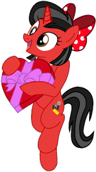 Size: 521x933 | Tagged: safe, artist:mickey1909, derpibooru import, oc, oc only, oc:minnie motion, pony, unicorn, g4, bow, box of chocolates, female, hair bow, holiday, simple background, transparent background, valentine's day