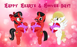 Size: 2117x1300 | Tagged: safe, artist:mickey1909, derpibooru import, oc, oc only, oc:honey bun, oc:mickey motion, oc:minnie motion, pegasus, unicorn, g4, box of chocolates, hearts and hooves day, holiday, valentine's day