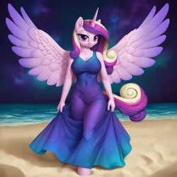 Size: 2048x2048 | Tagged: safe, ai content, derpibooru import, generator:pony diffusion v6 xl, generator:stable diffusion, machine learning generated, anthro, unguligrade anthro, g4, beach, bedroom eyes, clothes, dress, long dress, looking at you, nebula, night, ocean, prompter:snowyanon, spread wings, starry sky, water, wings