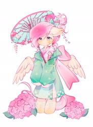 Size: 1500x2048 | Tagged: safe, artist:leafywind, derpibooru import, fluttershy, pegasus, pony, g4, big ears, bipedal, bow, clothes, ears, female, floppy ears, flower, hair bow, hoodie, hydrangea, kimono (clothing), mare, obtrusive watermark, petals, ponytail, simple background, solo, spread wings, umbrella, wagasa, watermark, white background, wings