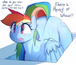 Size: 2296x1982 | Tagged: safe, artist:welost, derpibooru import, rainbow dash, pegasus, pony, g4, bathtub, blushing, butt, dialogue, female, if i fits i sits, mare, oblivious, plot, raised tail, simple background, solo, sternocleidomastoid, tail, the ass was too fat, white background