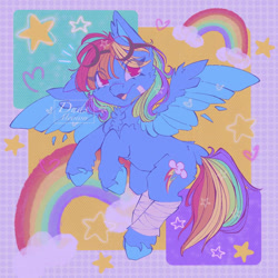 Size: 894x894 | Tagged: safe, artist:dudsmeown, derpibooru import, rainbow dash, pegasus, pony, g4, abstract background, bandage, bandaged leg, cute, dashabetes, female, goggles, goggles on head, mare, rainbow, solo, spread wings, stars, wings