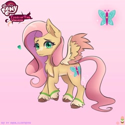 Size: 3534x3533 | Tagged: safe, artist:orion_illustrates, derpibooru import, fluttershy, pegasus, pony, comic:tales of the unseen, g4, chest fluff, coat markings, colored hooves, colored wings, colored wingtips, concave belly, cutie mark, ear fluff, ears, facial markings, female, gradient background, long mane, long tail, mare, pale belly, raised hoof, raised leg, redesign, smiling, solo, spread wings, standing, stripe (coat marking), tail, unshorn fetlocks, wing fluff, wings