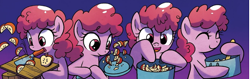 Size: 1705x541 | Tagged: safe, artist:agnesgarbowska, derpibooru import, idw, earth pony, pony, g4, spoiler:comic, spoiler:comic60, apple, apple slice, cooking, cute, female, filly, foal, food, gradient background, official comic, pot, smorgasbord