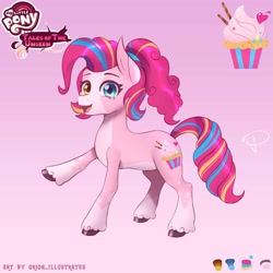 Size: 5000x5000 | Tagged: safe, artist:orion_illustrates, derpibooru import, pinkie pie, earth pony, pony, comic:tales of the unseen, g4, coat markings, colored hooves, countershading, cutie mark, female, gradient background, heterochromia, mare, multicolored mane, multicolored tail, open mouth, open smile, pale belly, ponytail, raised hoof, raised leg, redesign, round belly, slightly chubby, smiling, socks (coat marking), solo, standing, tail, unshorn fetlocks