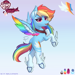 Size: 2300x2300 | Tagged: safe, artist:orion_illustrates, derpibooru import, rainbow dash, pegasus, pony, comic:tales of the unseen, g4, alternate design, aviator goggles, coat markings, colored wings, colored wingtips, concave belly, countershading, cutie mark, ear fluff, ears, female, flying, frog (hoof), goggles, hoof heart, hoofbutt, hooves in air, leg fluff, looking at you, looking back, looking back at you, mare, multicolored mane, multicolored tail, multicolored wings, open mouth, open smile, redesign, simple background, smiling, socks (coat marking), solo, spread wings, tail, underhoof, unshorn fetlocks, wings