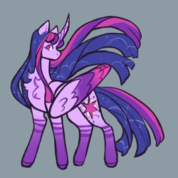 Size: 2048x2048 | Tagged: safe, artist:ghostunes, derpibooru import, twilight sparkle, alicorn, pony, g4, coat markings, curved horn, folded wings, gray background, hoof fluff, horizontal stripes, horn, looking at you, redesign, simple background, socks (coat marking), sparkles, straight hair, stripes, wings