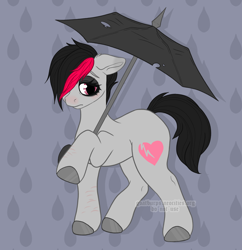 Size: 2914x3012 | Tagged: safe, artist:goatburps, derpibooru import, oc, oc only, oc:miss eri, earth pony, pony, colored hooves, cutie mark, earth pony oc, emo, female, hair over one eye, holding, mare, multicolored mane, patterned background, rain, raised hoof, raised leg, scar, self harm, self harm scars, solo, umbrella