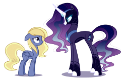 Size: 2133x1317 | Tagged: safe, artist:sinamuna, artist:stars-in-a-bottle, derpibooru import, oc, oc only, oc:elagora elegance, oc:whirlygig nightlight, pegasus, pony, unicorn, collaboration, base used, blonde, blonde hair, blue hair, duo, eye contact, gem, glare, horn, looking at each other, looking at someone, magical lesbian spawn, next gen crossover, next generation, offspring, parent:derpy hooves, parent:nightmare rarity, parent:princess luna, parents:lunaderp, purple hair, simple background, striped mane, transparent background, wings