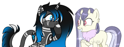 Size: 2408x928 | Tagged: safe, artist:catandcrowcreations, artist:sinamuna, derpibooru import, oc, oc only, oc:gillyflower, oc:lithium night, demon, demon pony, pony, unicorn, collaboration, base used, black hair, blue hair, body markings, covering mouth, duo, grin, horns, leonine tail, neck fluff, purple hair, simple background, smiling, snickering, tail, transparent background