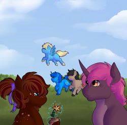 Size: 2048x2013 | Tagged: safe, artist:evesartspot124, derpibooru import, oc, oc only, oc:"d", oc:cinnamon spice, oc:comet shard, oc:fruitsallad, oc:sky, earth pony, pegasus, pony, unicorn, 2023, aura, black mane, blonde, blue pony, blush lines, blushing, bow, brown mane, brown pony, cloud, earth pony magic, eye clipping through hair, eyebrows, eyebrows visible through hair, eyes closed, flower, flying, grass, hair bow, looking at each other, looking at someone, looking at something, looking down, magic, magic aura, open mouth, pink mane, raised hoof, raised leg, running, sky, smiling, spread wings, walking, wings