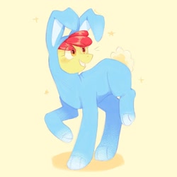 Size: 1280x1280 | Tagged: safe, artist:qozuwo, derpibooru import, apple bloom, earth pony, pony, g4, animal costume, bunny bloom, bunny costume, clothes, costume, female, filly, foal, grin, raised leg, simple background, smiling, solo, stars, yellow background