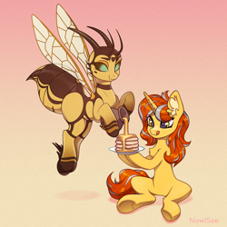 Size: 2000x2000 | Tagged: safe, artist:inowiseei, derpibooru import, oc, oc only, oc:bee berry, oc:cinderheart, bee, bee pony, original species, pony, unicorn, duo, duo female, female, food, gradient background, honey, mare, pancakes, simple background