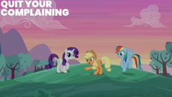 Size: 2000x1125 | Tagged: safe, derpibooru import, edit, edited screencap, editor:quoterific, screencap, applejack, rainbow dash, rarity, g4, the cart before the ponies, apple, apple tree, tree