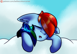 Size: 4093x2894 | Tagged: safe, artist:trr_bc, derpibooru import, rainbow dash, g4, cloud, drool, eyes closed, multicolored hair, patreon, patreon logo, patreon reward, simple background, sky, sleeping