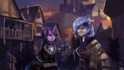 Size: 2560x1440 | Tagged: safe, artist:krapinkaius, derpibooru import, twilight sparkle, oc, pony, unicorn, armor, belt, building, castle, clothes, fur coat, house, pentagram, shadow, sunset, sword, the witcher, weapon