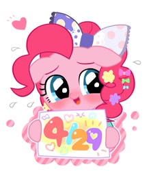 Size: 728x822 | Tagged: safe, artist:momo, derpibooru import, pinkie pie, earth pony, pony, g4, blushing, bow, cute, hair bow, hairclip, harajuku, holding sign, simple background, solo, sweat, white background