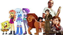 Size: 4000x2250 | Tagged: safe, artist:floppychiptunes, artist:imperfectxiii, derpibooru import, edit, edited screencap, editor:cutler1228, screencap, starlight glimmer, sunset shimmer, trixie, equestria girls, g4, background removed, bolt, boots, clothes, female, grand theft auto, gta v, high heel boots, hoodie, jacket, jim hawkins, low effort, mowgli, mufasa, not a vector, penny forrester, shirt, shoes, simple background, skirt, spongebob squarepants, the jungle book, the lion king, transparent background, treasure planet, trevor philips