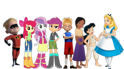 Size: 3750x2110 | Tagged: safe, artist:masem, derpibooru import, edit, editor:cutler1228, apple bloom, melody, scootaloo, sweetie belle, bee, equestria girls, g1, g4, alice, alice in wonderland, bloomers, boots, bumblebee, camisole, choli, clothes, dash parr, denim, dress, female, feminism, hoodie, jeans, lewis robinson, low effort, meet the robinsons, pants, pinafore, shanti, shirt, shoes, shorts, simple background, skirt, stockings, t-shirt, the incredibles, the jungle book, the little mermaid, transparent background