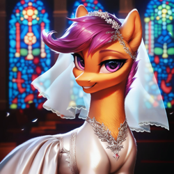 Size: 1024x1024 | Tagged: safe, ai content, derpibooru import, generator:pony diffusion v6 xl, generator:stable diffusion, machine learning generated, scootaloo, pegasus, pony, g4, church, clothes, dress, looking at you, older, older scootaloo, prompt in description, prompter:maresforever, solo, veil, wedding dress, wedding veil