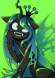 Size: 2894x4093 | Tagged: safe, artist:jellysketch, derpibooru import, queen chrysalis, changeling, changeling queen, g4, concave belly, cross-eyed, cute, cutealis, derp, fangs, green background, looking at you, open mouth, open smile, simple background, smiling, solo, thin