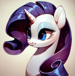 Size: 920x922 | Tagged: safe, ai content, derpibooru import, generator:purplesmart.ai, generator:stable diffusion, machine learning assisted, machine learning generated, rarity, pony, unicorn, g4, blue eyes, blushing, cute, eyeshadow, happy, light, long hair, makeup, prompter:saltyvity, purple hair, purple mane, simple background, smiley face, smiling, solo, sparkles