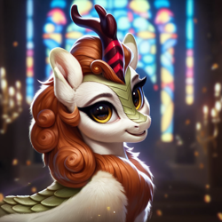 Size: 1024x1024 | Tagged: safe, ai content, derpibooru import, generator:pony diffusion v6 xl, generator:stable diffusion, machine learning generated, autumn blaze, kirin, g4, church, looking at you, prompt in description, prompter:maresforever, smiling, solo