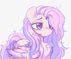 Size: 569x479 | Tagged: safe, artist:flixanoa, derpibooru import, fluttershy, pegasus, pony, g4, blushing, chest fluff, cutie mark, ear fluff, ears, female, folded wings, frown, mare, messy mane, simple background, solo, white background, wings